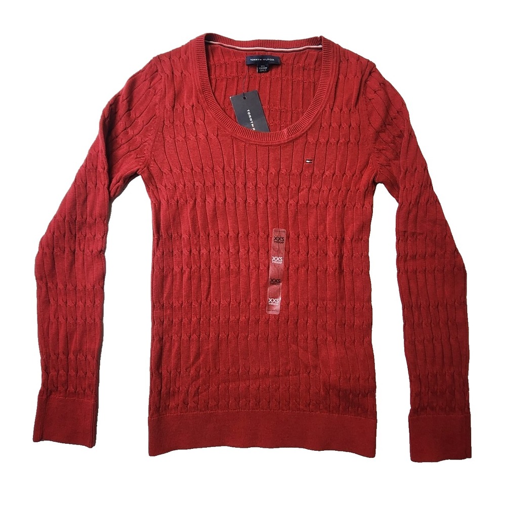 Tommy Hilfiger Women's Cable Knit Sweater Shirt Size XXS Maroon Pullover NWT